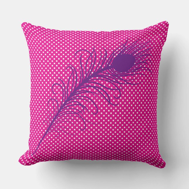 Peacock feather and Polka Dots - Pink & Purple Throw Pillow (Front)