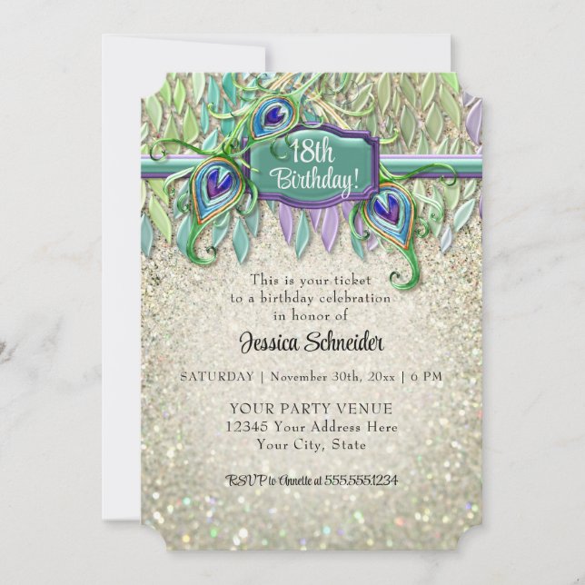 Peacock Feather Art Deco Glam Any Birthday Party Invitation (Front)