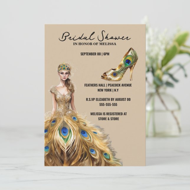 Peacock feather ball gown bride to be bridal invitation (Standing Front)