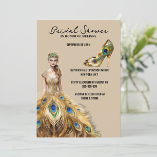 Peacock feather ball gown bride to be bridal invitation