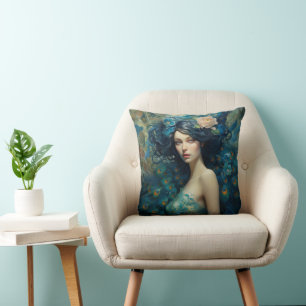 Peacock Feather Beauty: Woman in Teal and Blue Throw Pillow