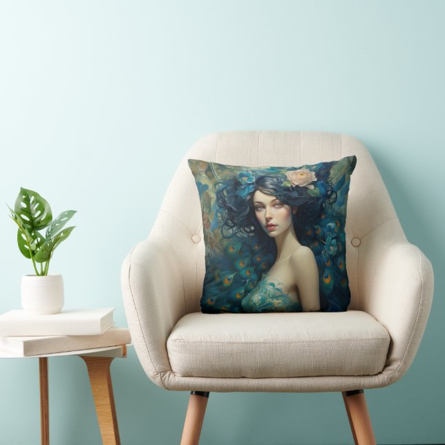 Peacock Feather Beauty: Woman in Teal and Blue  Throw Pillow (Chair)