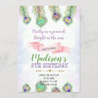 Peacock feather birthday party invitation