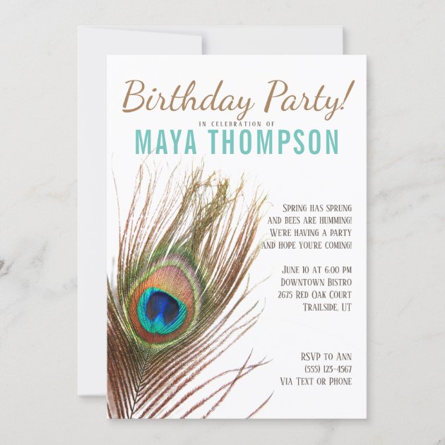 Peacock Feather Birthday Party Invitation | Zazzle