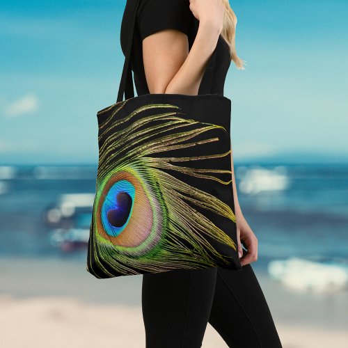 Peacock Feather Black Tote Bag