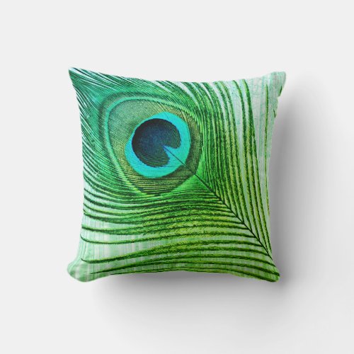 Peacock Feather Blue Green Artistic Abstract Cool Throw Pillow