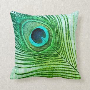 Peacock Feather Blue Green Artistic Abstract Cool Throw Pillow