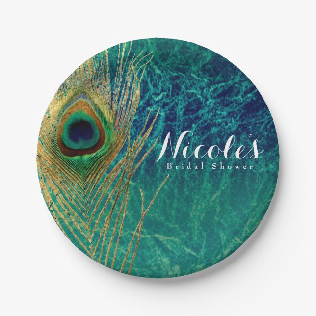 Peacock Feather Blue Teal Gold Boho Custom Party Paper Plates (Front)