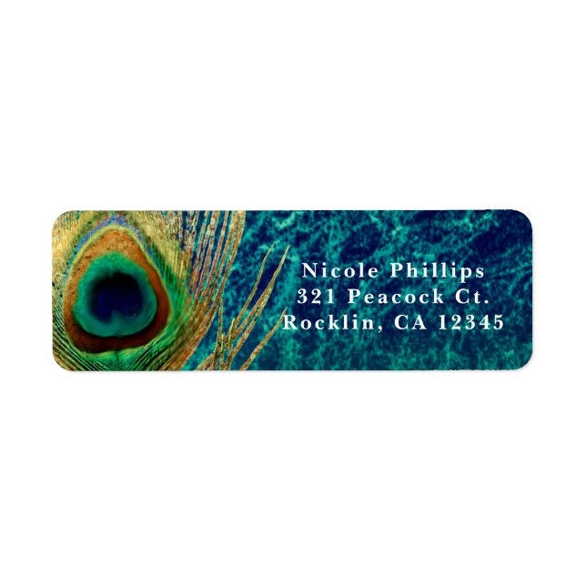 Peacock Feather Blue Teal Gold Boho Invitation Label (Front)
