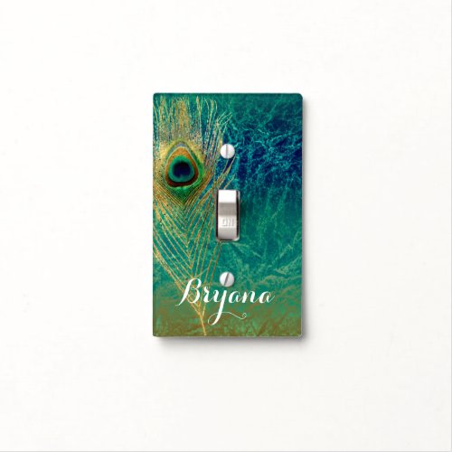 Peacock Feather Blue Teal Gold Exotic Boho Glam Light Switch Cover