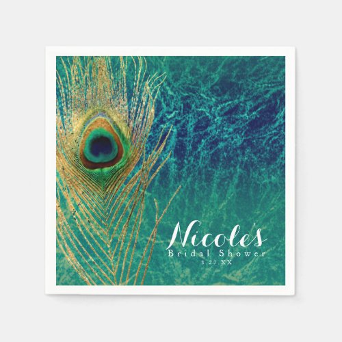 Peacock Feather Blue Teal Gold Exotic Custom Party Paper Napkins