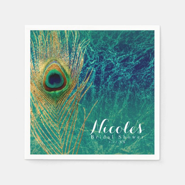 Peacock Feather Blue Teal Gold Exotic Custom Party Paper Napkins (Front)