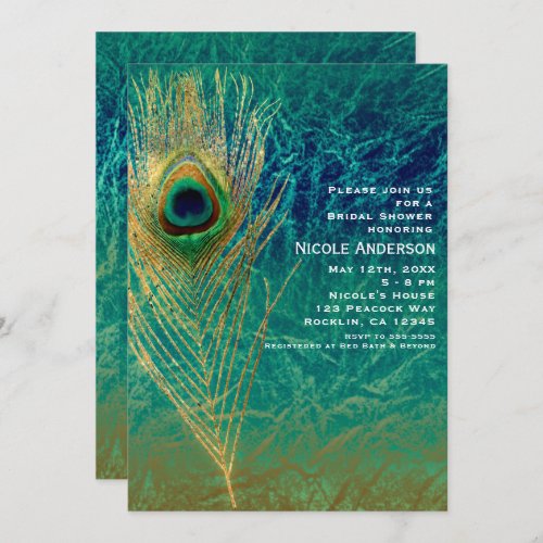 Peacock Feather Blue Teal Gold Exotic Invitations
