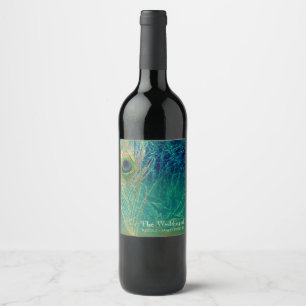 Peacock Feather Blue Teal Gold Exotic Wine Labels