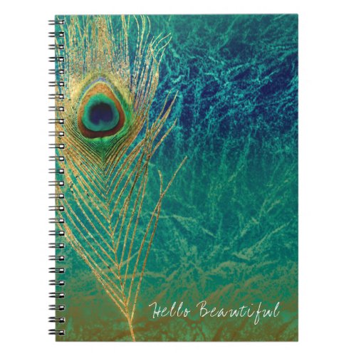 Peacock Feather Blue Teal Gold Glam Boho Chic Notebook