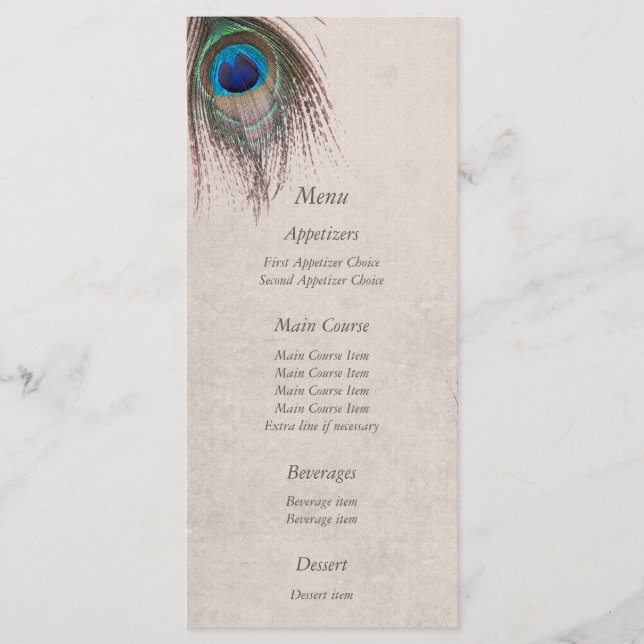 Peacock Feather Blue Wedding Menu (Front)