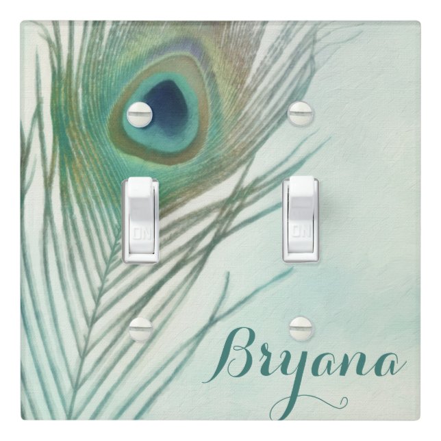 Peacock Feather Boho Chic Watercolor Custom Light Switch Cover (In Situ)