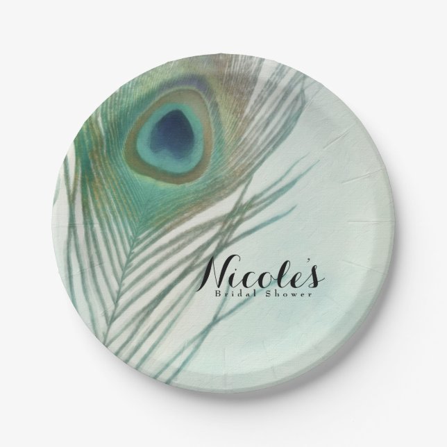 Peacock Feather Boho Chic Watercolor Custom Party Paper Plates (Front)