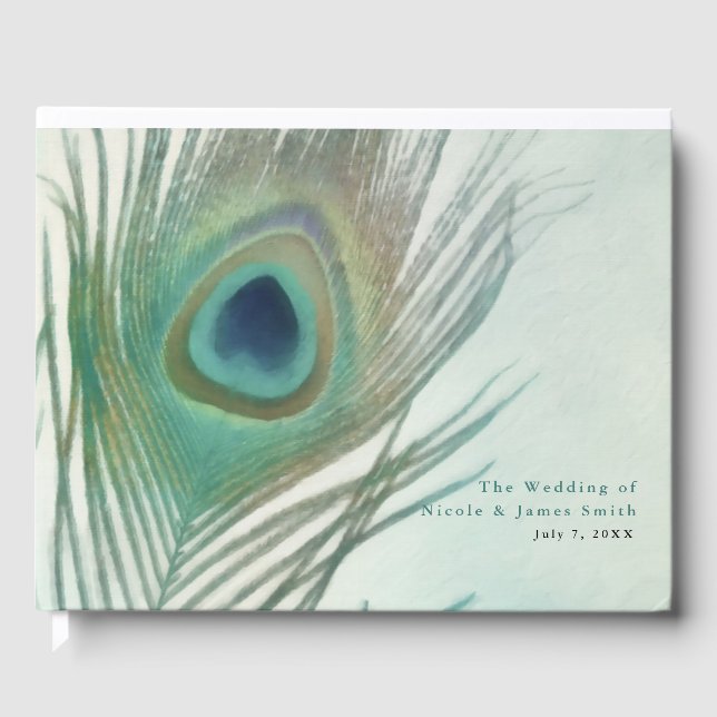 Peacock Feather Boho Chic Watercolor Wedding Guest Book (Front)