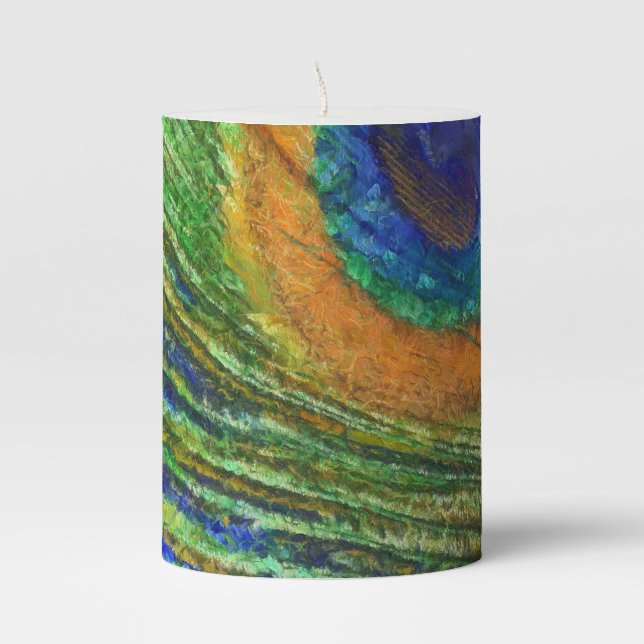 Peacock Feather Bold Art Pillar Candle (Front)