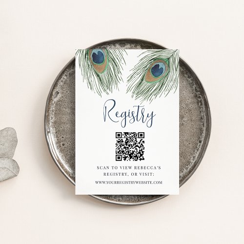 Peacock Feather Bridal Shower Registry QR Code Enclosure Card