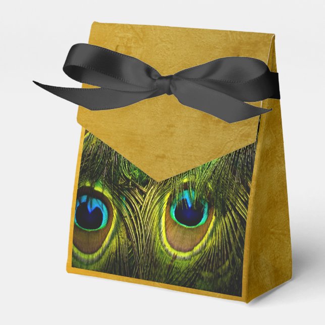 Peacock Feather Brushed Gold Favor Box (Front Side)