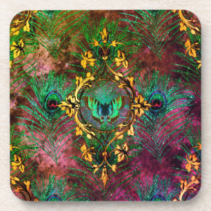 Peacock feather butterfly victorian elegant jewel beverage coaster