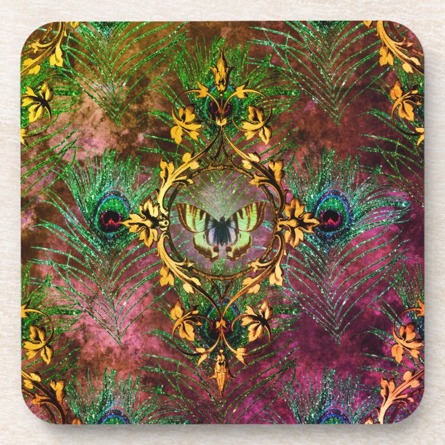 Peacock feather butterfly victorian elegant jewel  beverage coaster (Front)