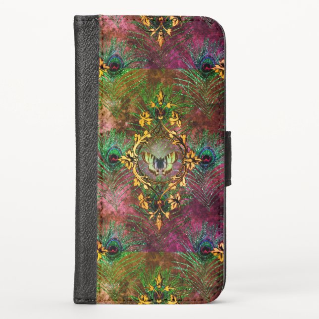 Peacock feather butterfly victorian elegant purple iPhone wallet case (Front)