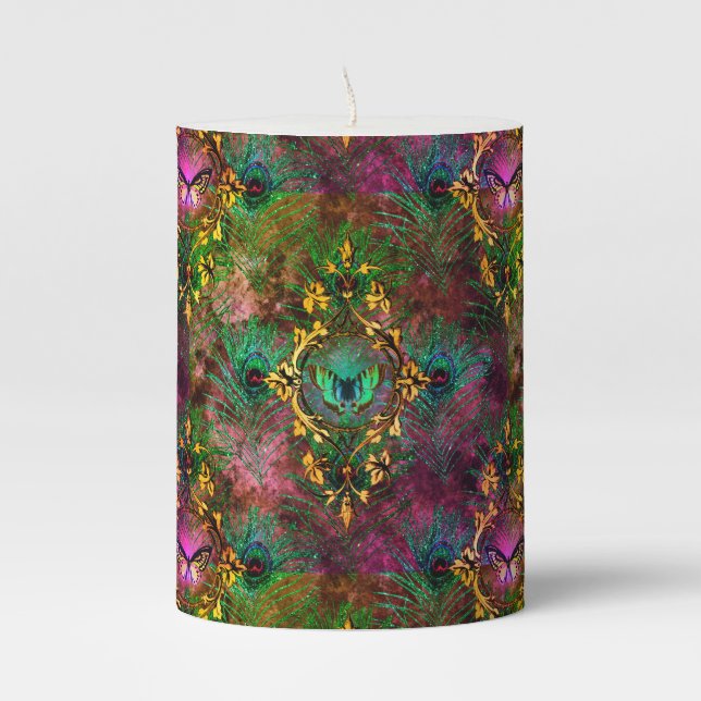 Peacock feather butterfly victorian elegant purple pillar candle (Front)