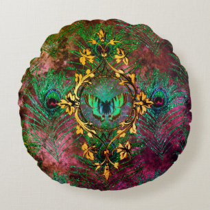 Peacock feather butterfly victorian elegant purple round pillow
