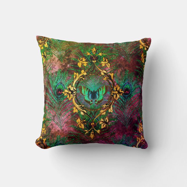 Peacock feather butterfly victorian elegant purple throw pillow (Front)