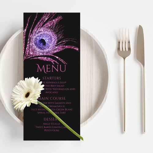 Peacock Feather Chic Glitter Pink Bat Mitzvah Menu