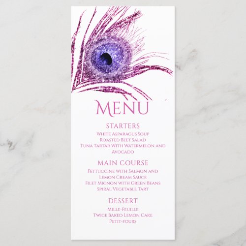 Peacock Feather Chic Glitter Pink Bat Mitzvah Menu