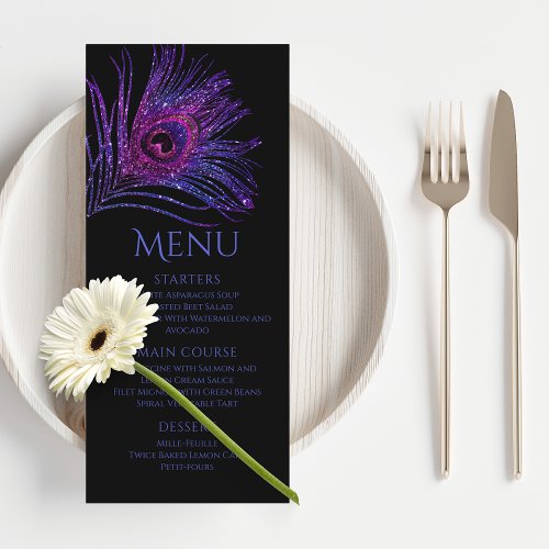 Peacock Feather Chic Glitter Purple Bat Mitzvah Menu