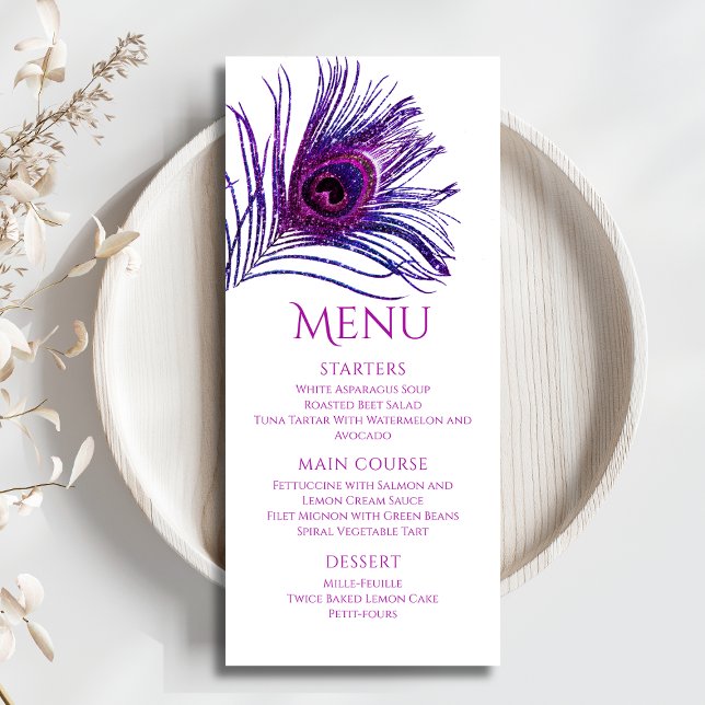 Peacock Feather Chic Glitter Purple Bat Mitzvah Menu (Creator Uploaded)