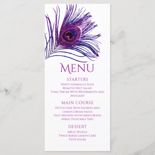 Peacock Feather Chic Glitter Purple Bat Mitzvah Menu