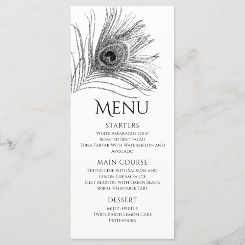 Peacock Feather Chic Glitter Silver Bat Mitzvah Menu