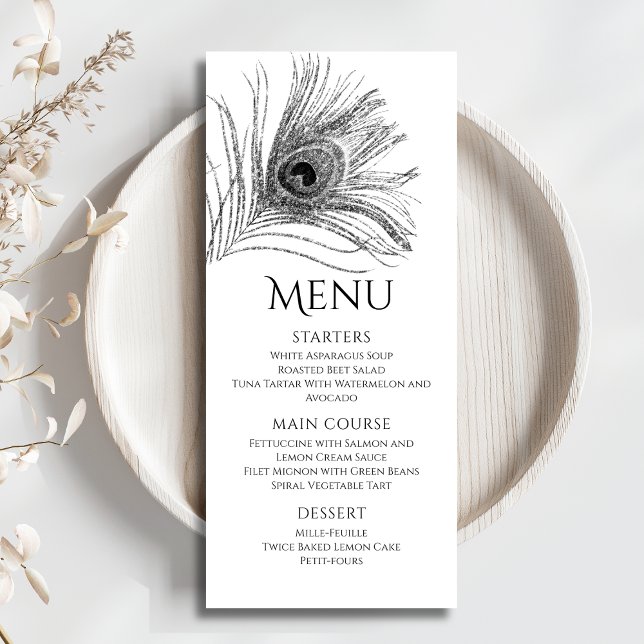 Peacock Feather Chic Glitter Silver Bat Mitzvah Menu (Creator Uploaded)