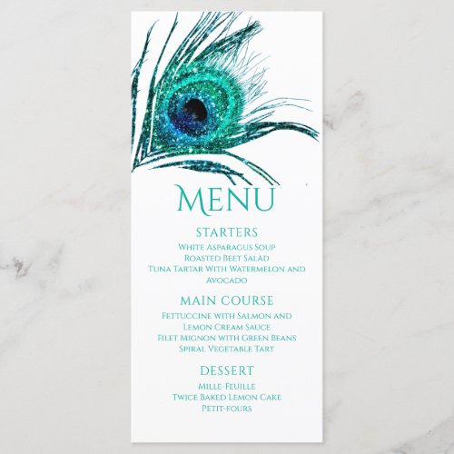 Peacock Feather Chic Glitter Turquoise Bat Mitzvah Menu