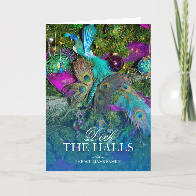 Peacock Feather Christmas Decorations Holiday Card (Front)