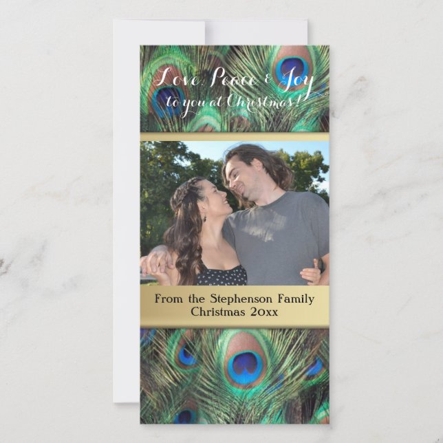 Peacock Feather Christmas Love Peace Joy Holiday Card (Front)