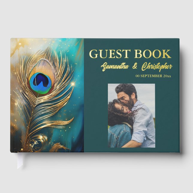 Peacock feather couples photo wedding DIY elegant Foil Guest Book (Front)