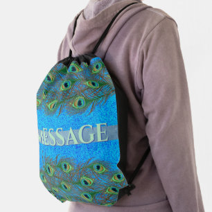 Peacock Feather Custom Text Drawstring Bag