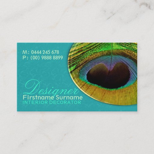 Customizable Peacock Feather Damask Aqua Designer Business Card Templates