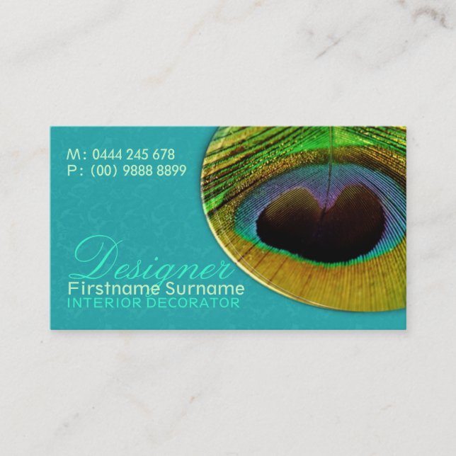 Peacock Feather Damask Aqua Designer Business Card (Front)