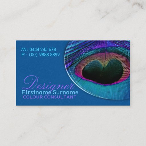 Customizable Peacock Feather Damask Blue Business Card