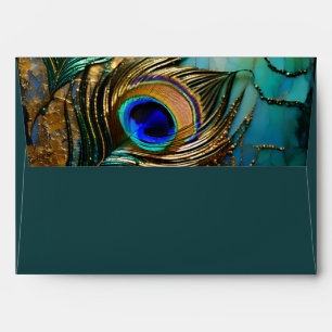 Peacock feather dark teal luxurious editable envelope