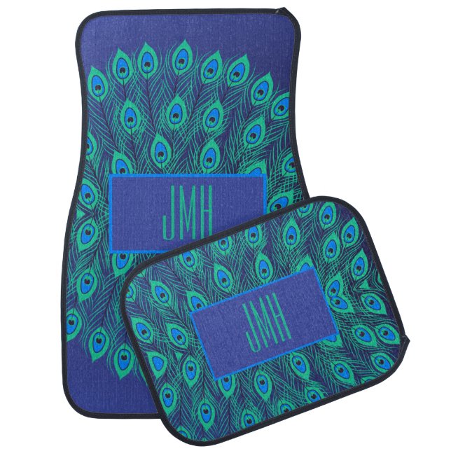 PEACOCK FEATHER DESIGN IN GREEN & BLUE WITH TEXT CAR FLOOR MAT (Set)