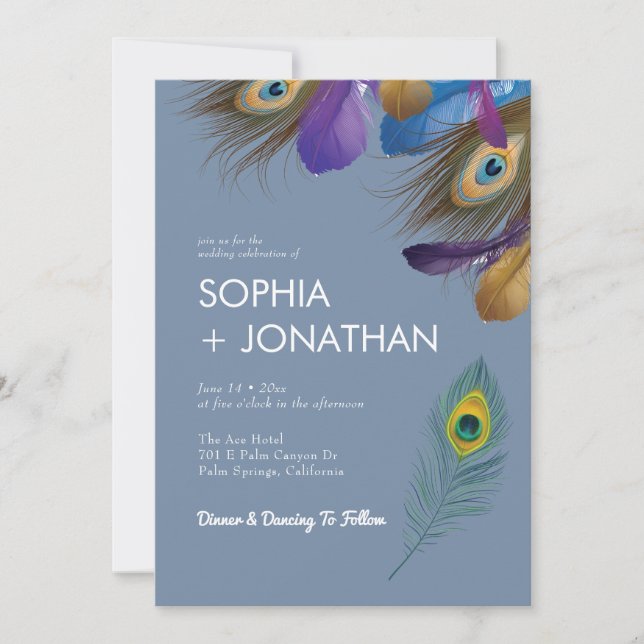 Peacock Feather Dusty Blue Wedding Modern Chic Invitation (Front)